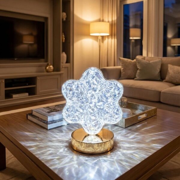 Çiçek Model Kristal LED Masa Lambası – Dokunmatik, 3 Renk Işık Modlu, Şarjlı Mini Dekoratif Gece Lambası
