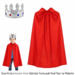 Çocuk Boy Kral Pelerini 90 cm ve Yumuşak Eva Kral Tacı Gümüş Renk