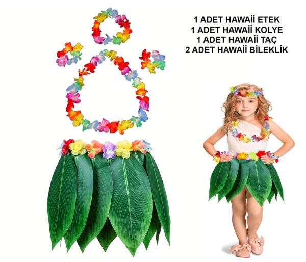 Çocuk Hawaii Kostüm Seti - Yaprak Etek &amp; Hawaii Set - 5 Parça