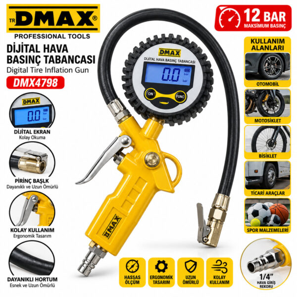 Dijital Hava Ölçme - Lastik Şişirme Tabancası 12 Bar Basınçlı - 1/4 Rekor Dmx-4798