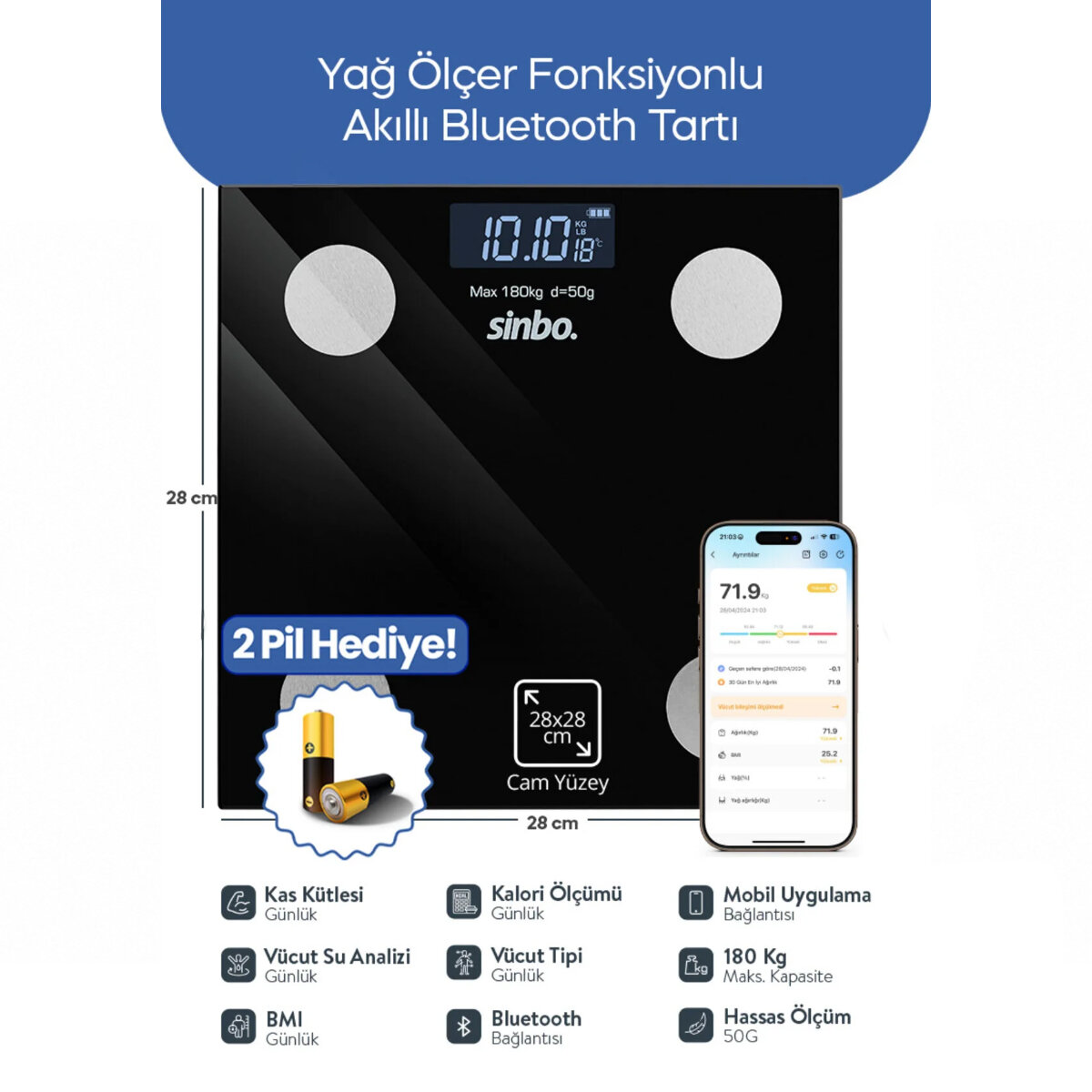 Dijital - Pilli Cam Banyo Baskülü LCD Ekran - Sıcaklık Göstergeli 180 kg/50 gr 28x28cm Sbs-4466