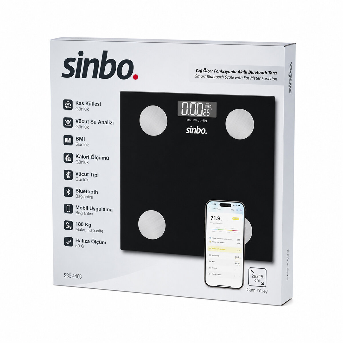 Dijital - Pilli Cam Banyo Baskülü LCD Ekran - Sıcaklık Göstergeli 180 kg/50 gr 28x28cm Sbs-4466