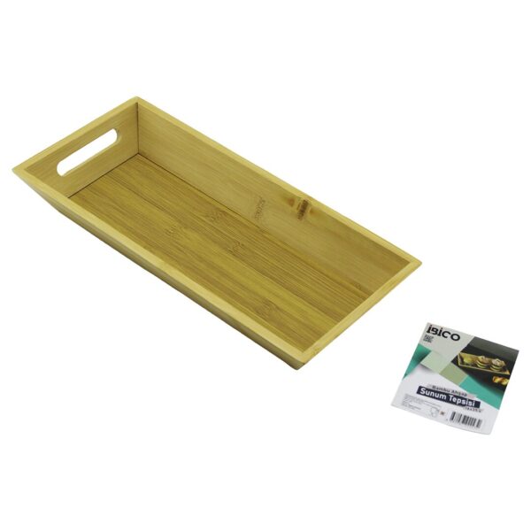 Dikdörtgen - 16x35cm Derin - 4.5 cm Ahşap Bambu Sunum Tepsisi Çift Oyma Kulplu