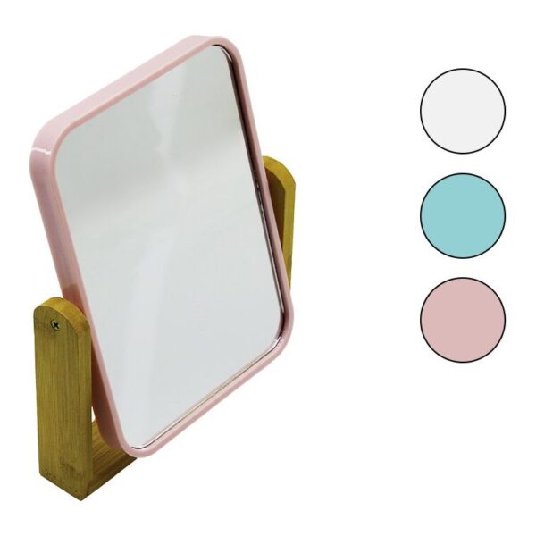 Dikdörtgen - 20.5x15.5cm Ahşap Bambu Ayaklı Makyaj Aynası Çift Taraflı Renkli Plastik Çerçeve