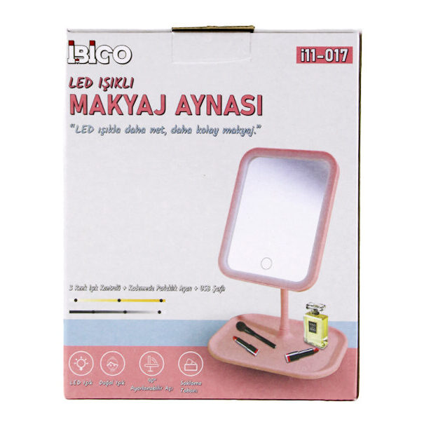 Dikdörtgen 7 Inc Ledli - USB Şarjlı Makyaj Aynası 90° Açı Ayarlı Takılı Ayak Renkli Pls İ11-017