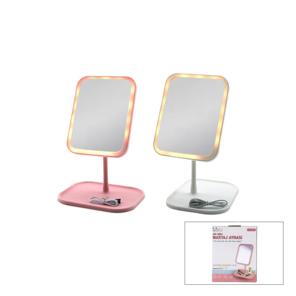 Dikdörtgen 7 Inc Ledli - USB Şarjlı Makyaj Aynası 90° Açı Ayarlı Takılı Ayak Renkli Pls İ11-017