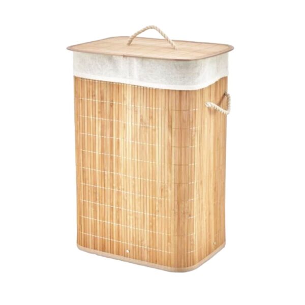 Dikdörtgen Bambu Ahşap Kirli Çamaşır Sepeti 40x30x60cm Seyyar Kapaklı İçi Bezli İp Kulplu