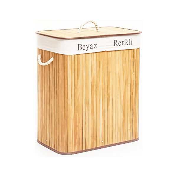 Dikdörtgen İki Bölmeli İç Bez Bambu Ahşap Kirli Çamaşır Sepeti İp Kulp 52x32x62cm