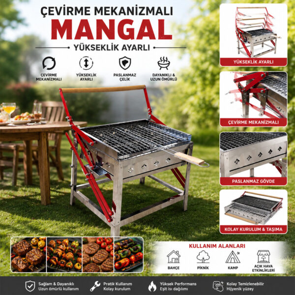 Döndürmeli - Çevirmeli Paslanmaz Mekanizmalı Mangal