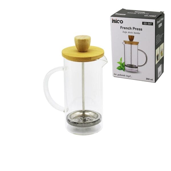 French Press Bambu Kapak 350 ml Cam Bitki Süzgeçi