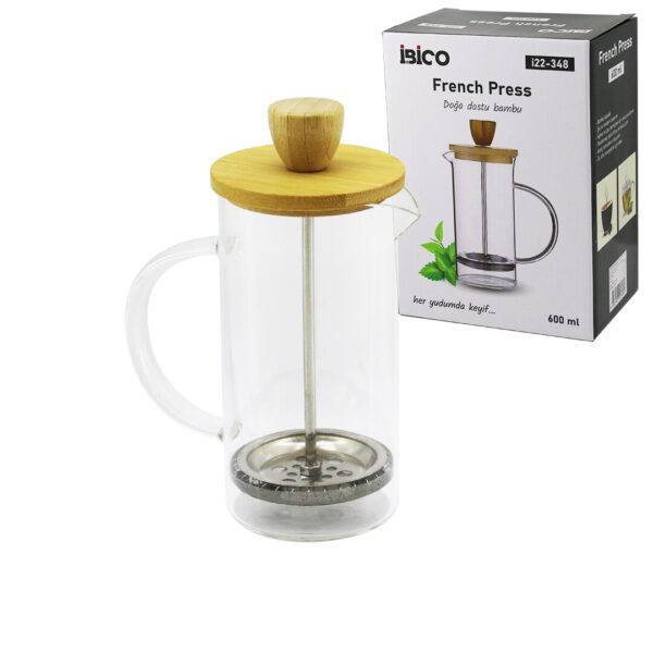 French Press Bambu Kapak 600 ml Cam Bitki Süzgeçi