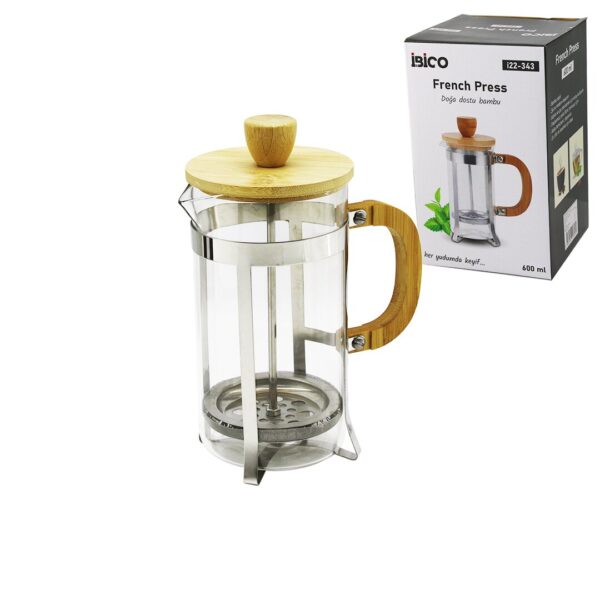 French Press Metal Kafes - Bambu Sap Bambu Kapak 600 ml Cam Bitki Süzgeçi