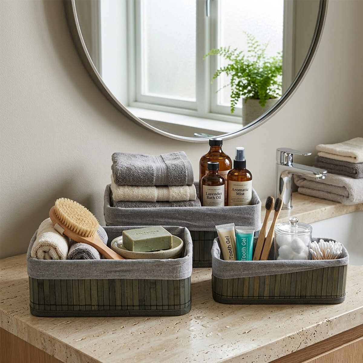 Gri 3 Boy D.dörtgen Bambu Kenar Organizer Sepet Ahşap Altlık - Bezli 25x14-28x18-20x30cm