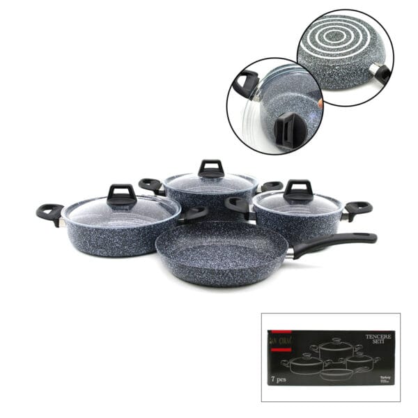 Gri 7 Parça Granit Tencere - Tava Seti 20-24 cm Derin - 27 cm Basık Cam Kapak Tencere - 26 cm Tava