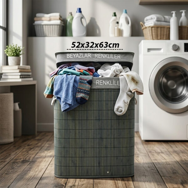 Gri Dikdörtgen 2 Bölmeli 52x32cm Y:63cm Bambu Ahşap Kirli Çamaşır Sepeti Kumaş Çantalı İp Kulp