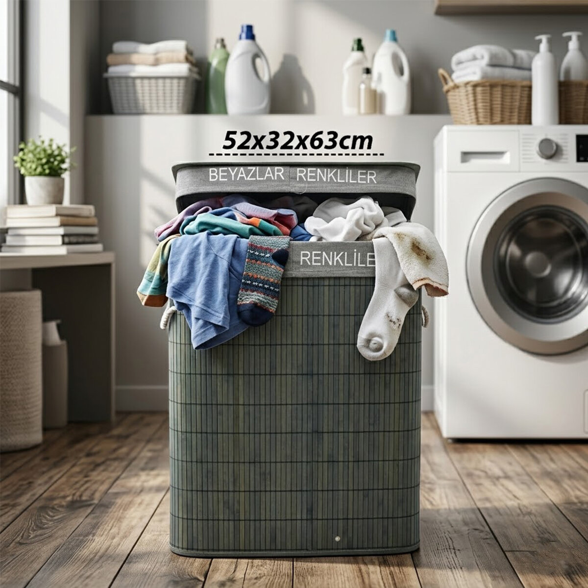 Gri Dikdörtgen 2 Bölmeli 52x32cm Y:63cm Bambu Ahşap Kirli Çamaşır Sepeti Kumaş Çantalı İp Kulp