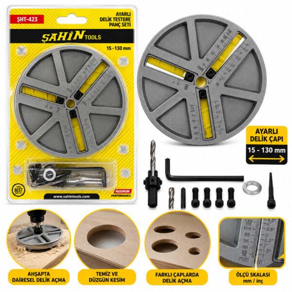 Hassas Dengeleme - Darbe Dayanlıklı Ayarlı Delik Testere Panç Set 45-130 mm