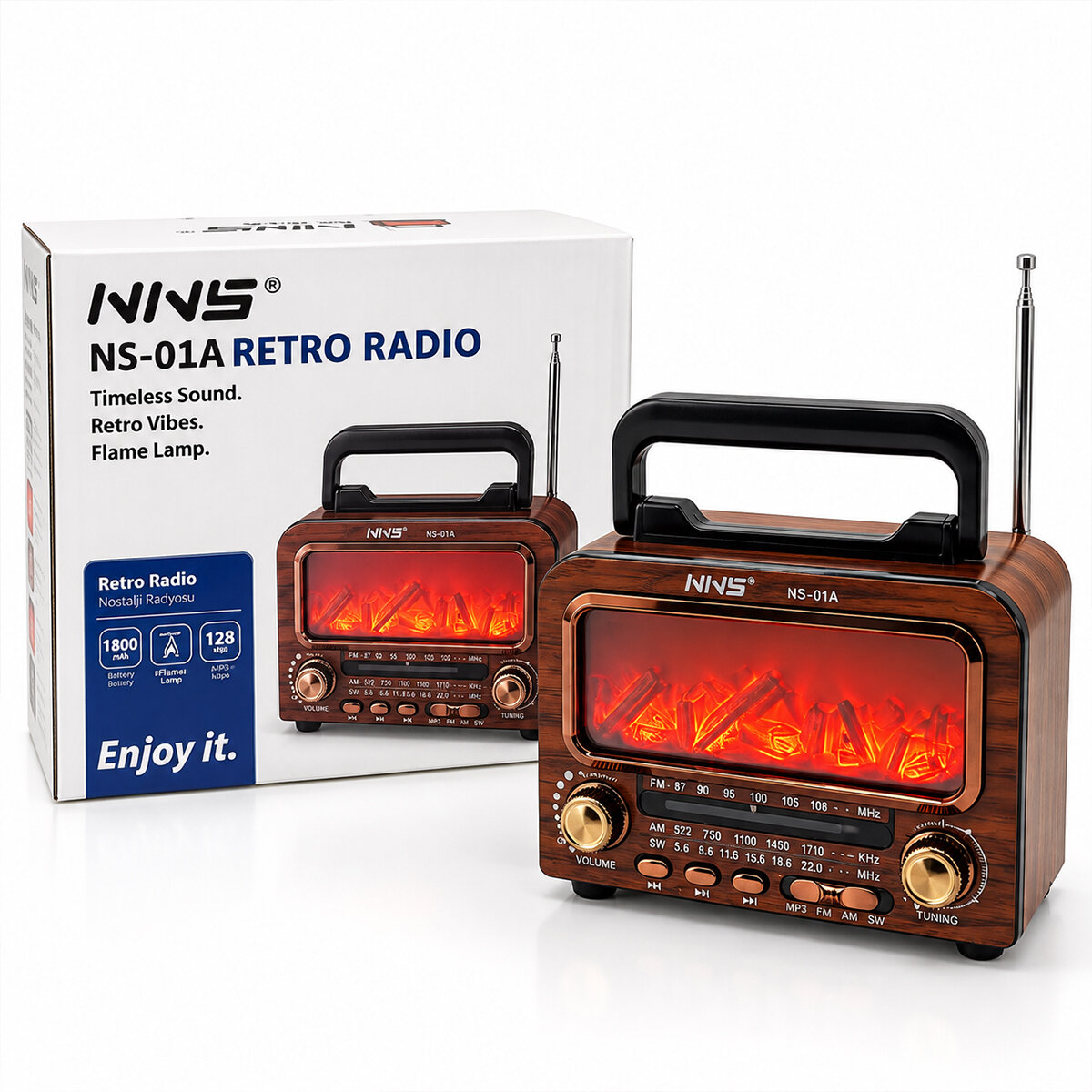 İbreli Şömineli Radyo - Retro Am - Fm - Sw USB - Type-C Sarjlı BT - Tf - USB Speaker Ns-01a Pl-4730