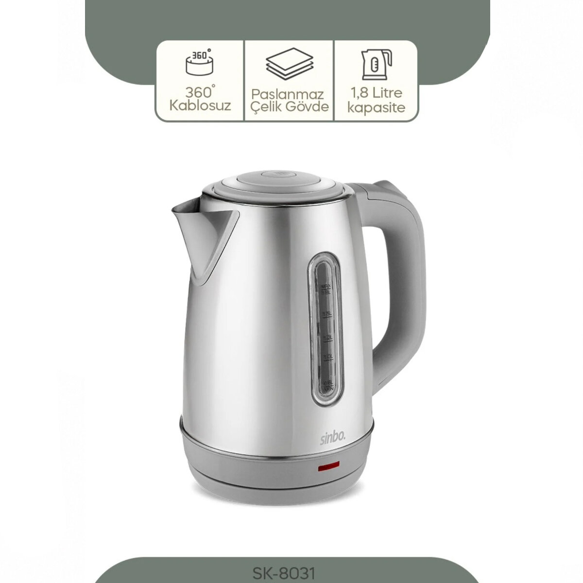 İnoks Çelik Kettle Su Isıtıcısı Kablosuz Kullanım 1.8 lt 360° Dönebilme Otomatik Kapanma Sk-8031
