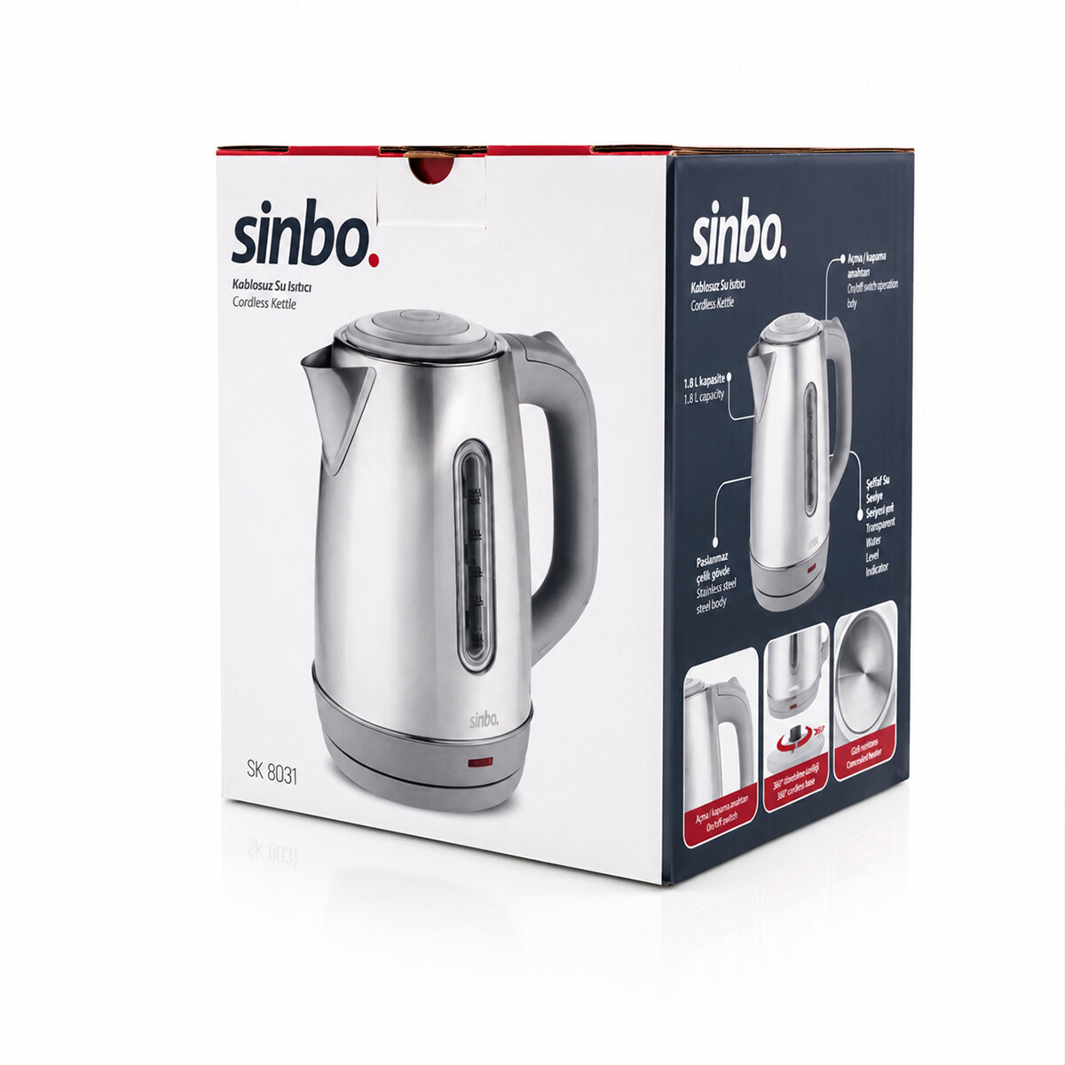 İnoks Çelik Kettle Su Isıtıcısı Kablosuz Kullanım 1.8 lt 360° Dönebilme Otomatik Kapanma Sk-8031