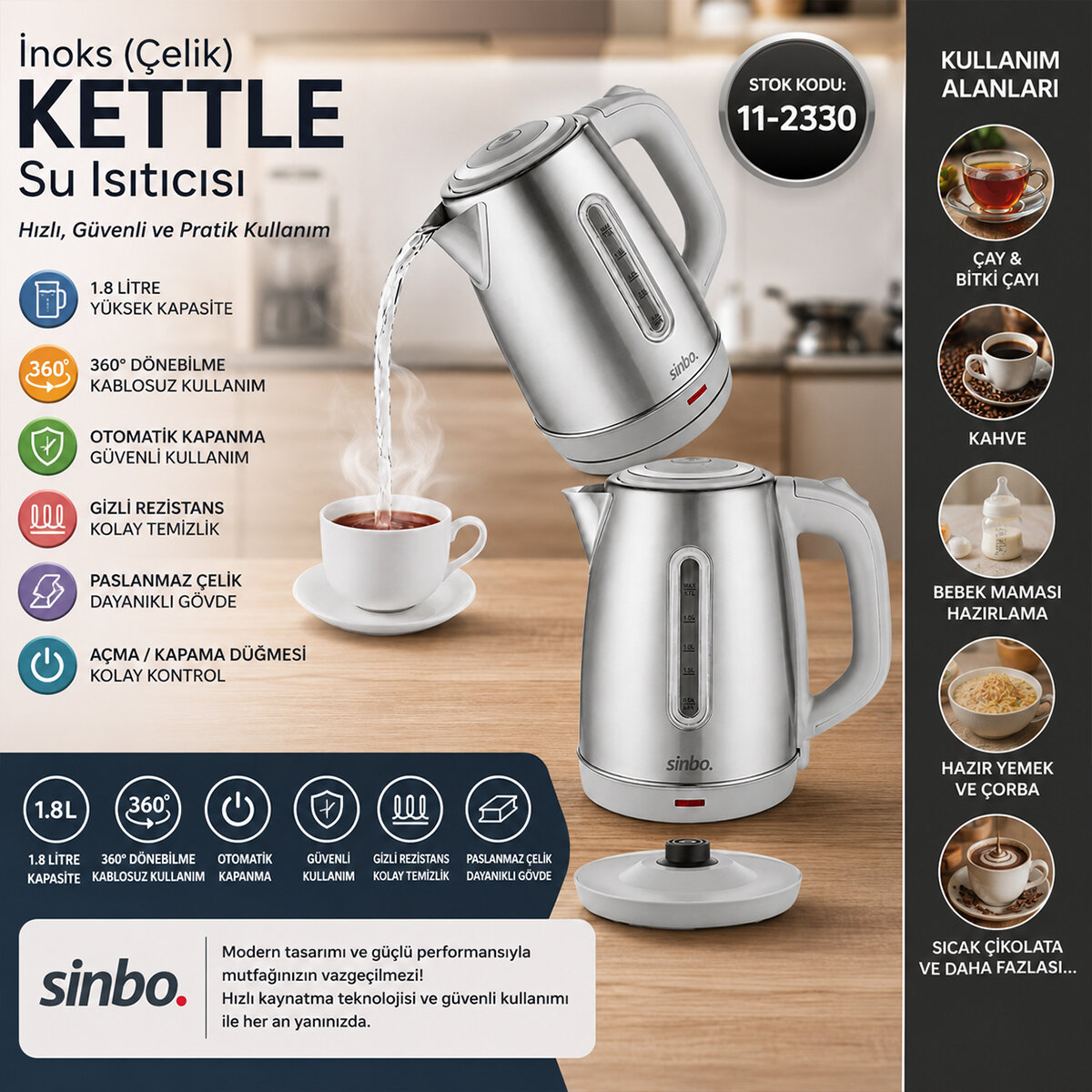 İnoks Çelik Kettle Su Isıtıcısı Kablosuz Kullanım 1.8 lt 360° Dönebilme Otomatik Kapanma Sk-8031