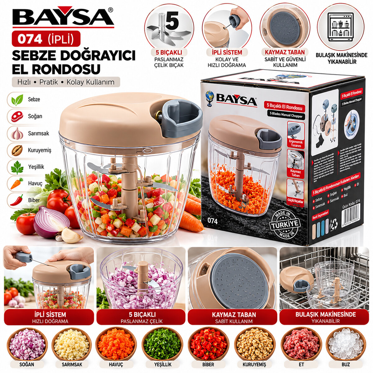 İpli 5 Bıçaklı Kaymaz Taban - Paslanmaz Bıçak Sebze Doğrayıcı El Rondosu