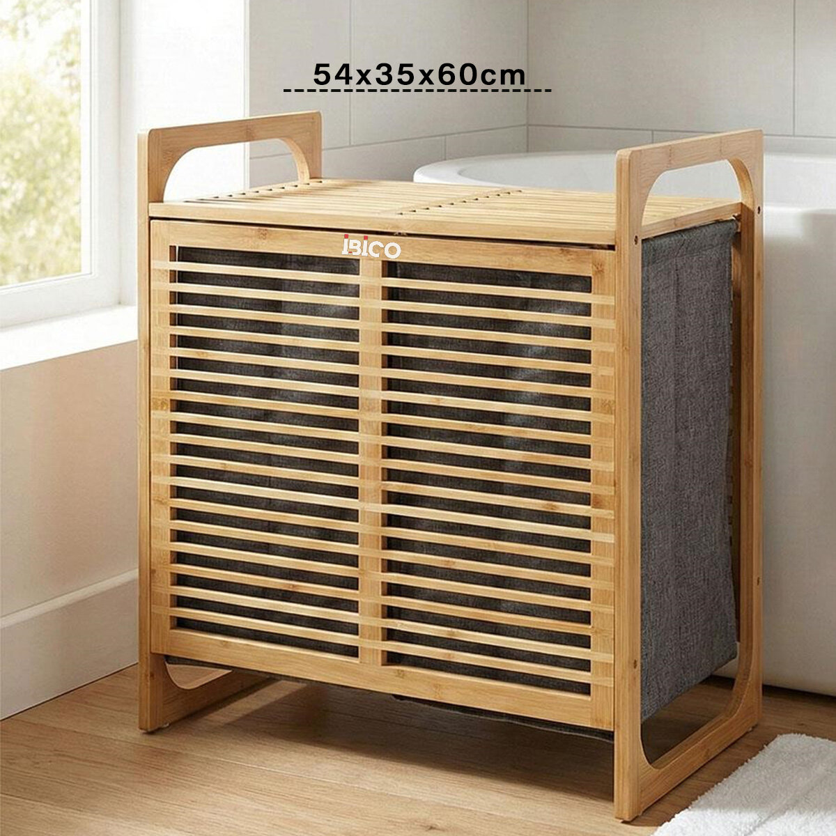 Kalın Ahşap Bambu 2 Bölmeli Kirli Çamaşır Sepeti Kumaş Çantalı Sepet - 54x35x60cm