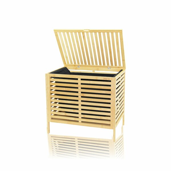 Kalın Ahşap Bambu Kirli Çamaşır Sepeti Siyah Kumaş Çantalı Sepet - 50x38x55cm