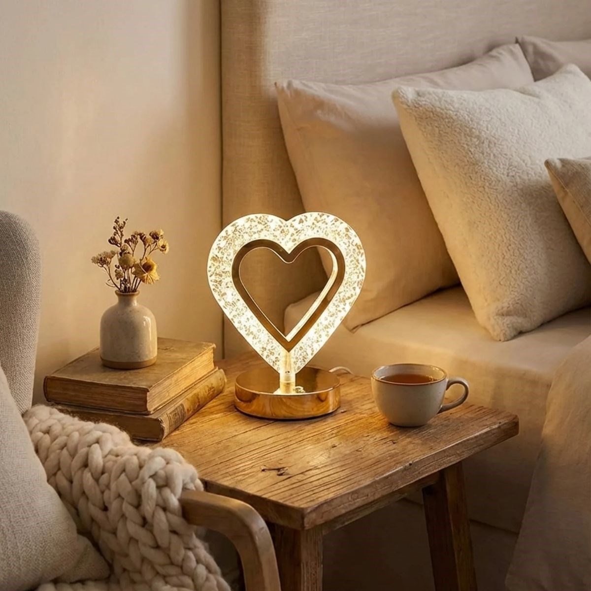 Kalp Şeklinde Kristal LED Masa Lambası – Dokunmatik, 3 Renk Işık Modlu, Şarjlı Mini Dekoratif Gece Lambası