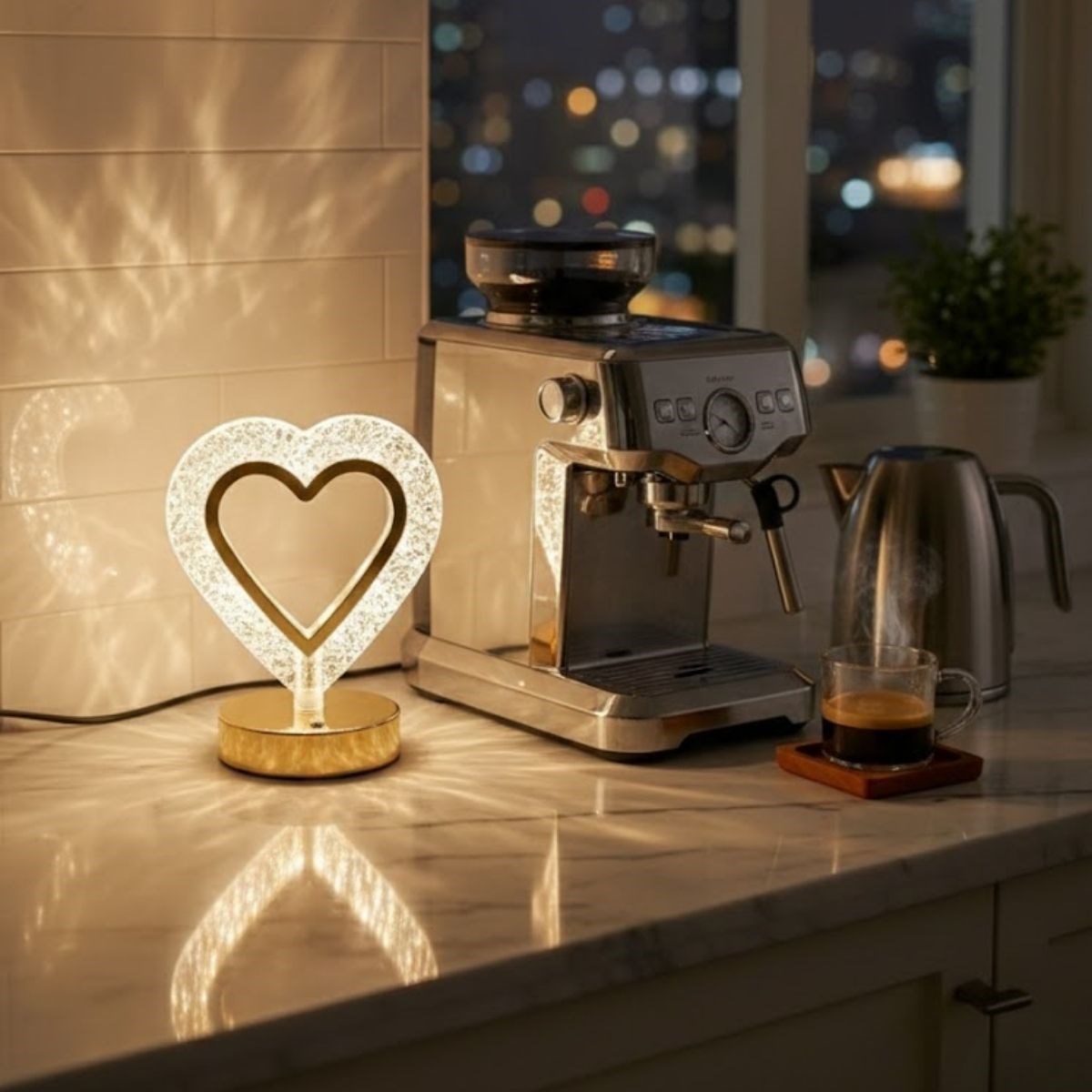 Kalp Şeklinde Kristal LED Masa Lambası – Dokunmatik, 3 Renk Işık Modlu, Şarjlı Mini Dekoratif Gece Lambası