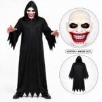 Kanlı Gülüş Maskeli Siyah Kapüşonlu Kostüm Seti 140 cm