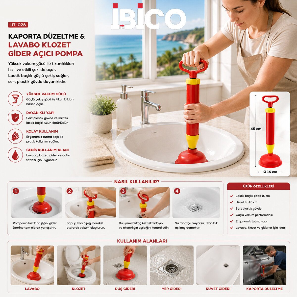 Kaporta Düzeltme - Lavabo Klozet Gider Açıcı Pompa Lastik Başlık - Sert Plastik Gövde Çap - 16 cm