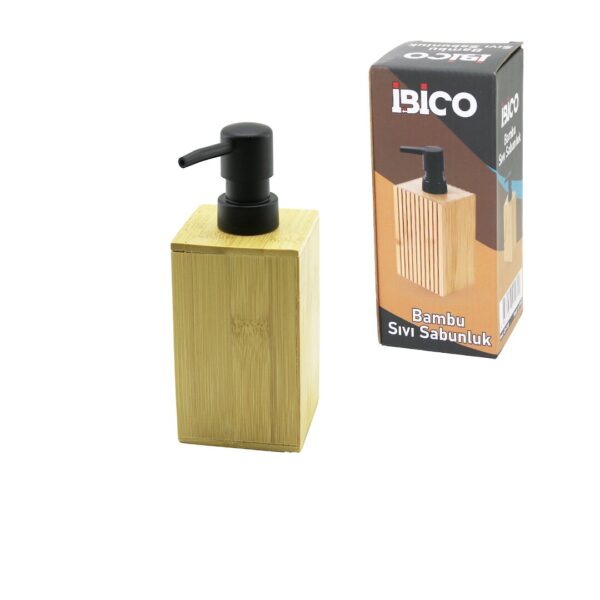 Kare Ahşap Bambu Sıvı Sabunluk Siyah Plastik Pompa Çap: 7 cm - Y: 11.5 cm