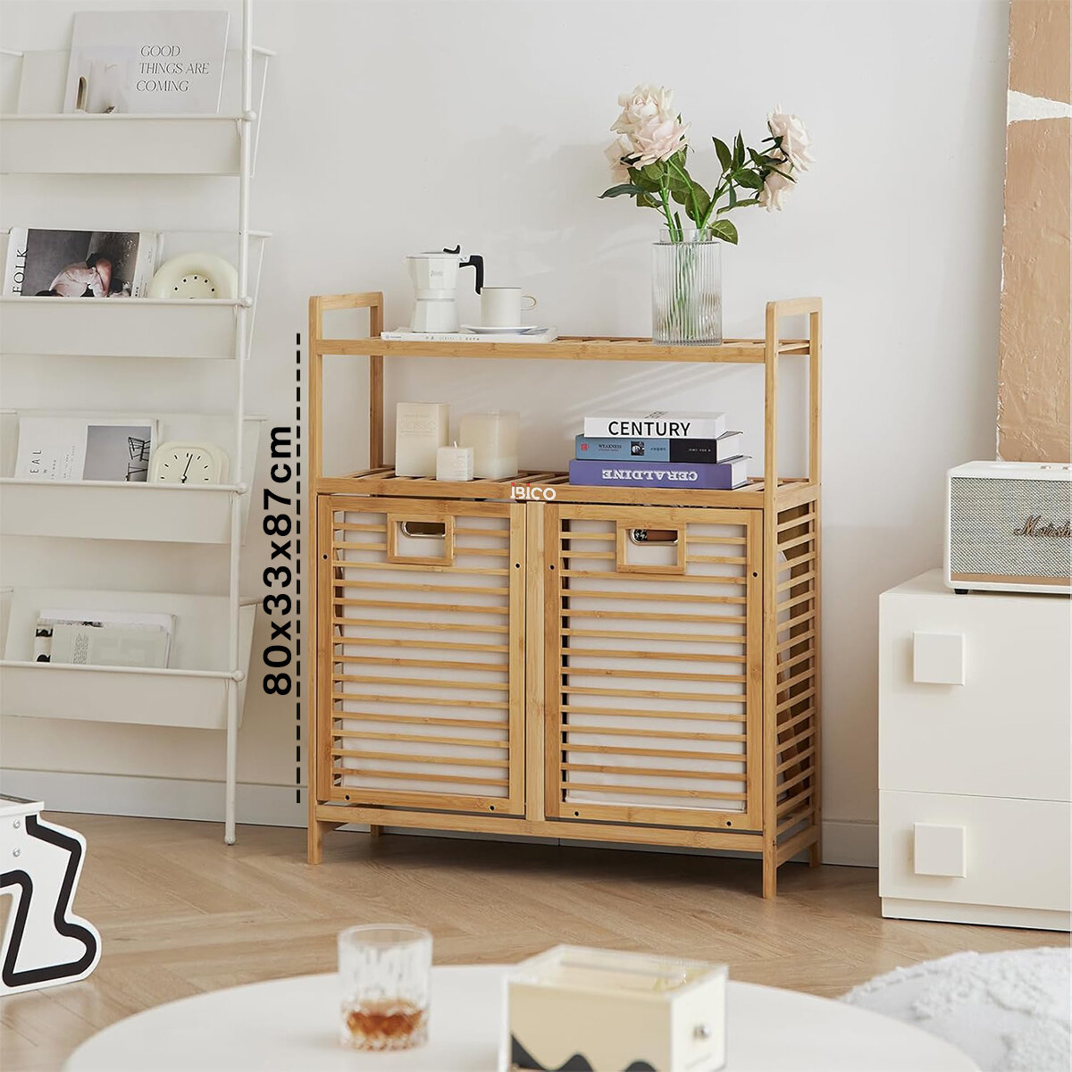Kirli 2 Kat Organizer Raflı - 2 Bölmeli Önden Çek Aç Kalın Ahşap Bambu Kirli Çamaşır Sepeti 80x33x87cm