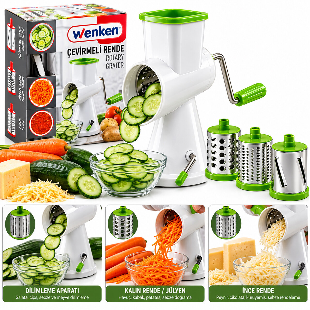 Kollu - Çevirmeli Değirmen - Rende Doğrayıcı Set Dilimleme Aparatı - Kalın-İnce Rende Ur-3369