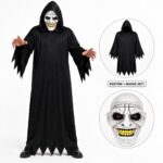 Korkunç Gülümseyen Maskeli Siyah Kapüşonlu Kostüm Seti 140 cm