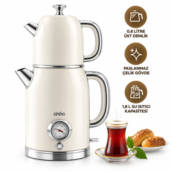 Krem Elektrikli Cam Demlikli Plastik Retro Çay Seti Çaycı Derece Göstergeli 1600 W 1.8 lt - 1 lt Stm-5849
