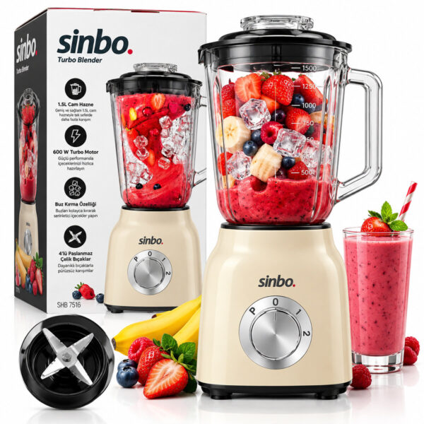 Krem Turbo El Blender Seti Doğrayıcı - Mikser - Blender 600 W 2 Kademe Hız 1.5 lt Cam Hazne Shb-7516