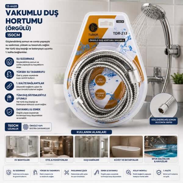 Krom - Örgülü Vakumlu Duş Hortumu 150 cm Vakumlu Ambalaj
