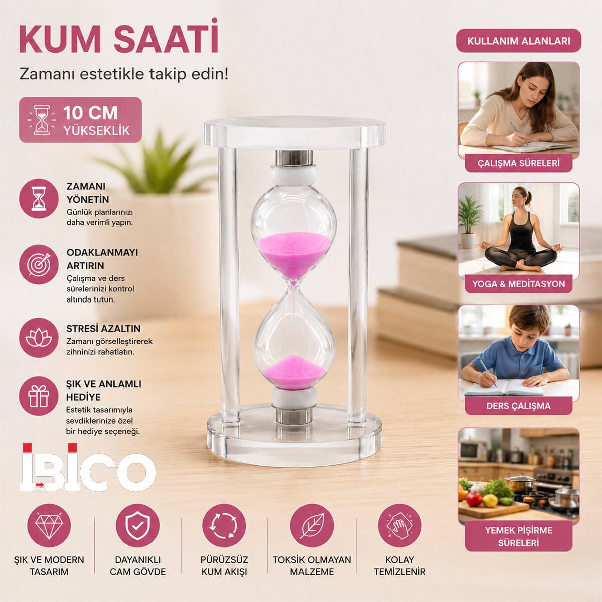 Küçük Cam Kum Saati Cam Standlı - Çap: 6 cm - Yükseklik: 10 cm