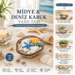 Küçük - Kare - Ahşap Sepetli Renkli Mix Midye - Deniz Kabuk Vazo Taşı