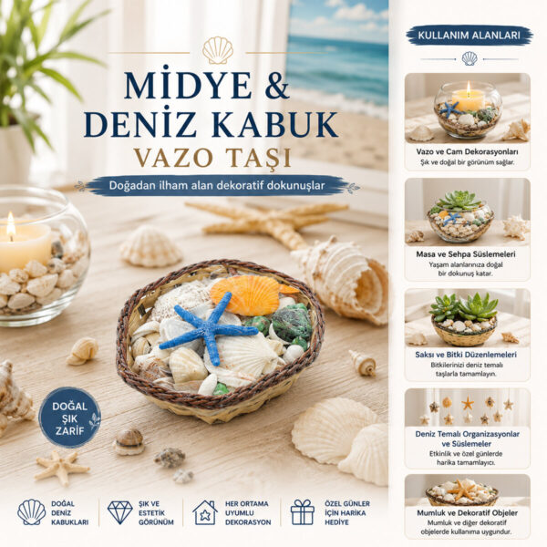 Küçük - Kare - Ahşap Sepetli Renkli Mix Midye - Deniz Kabuk Vazo Taşı