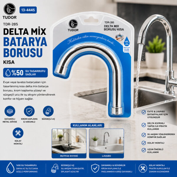 Kuğu Evye - Lavabo Kısa Delta Mix Batarya Borusu Krom Kaplama - Vakumlu - Süzgeçli Uç