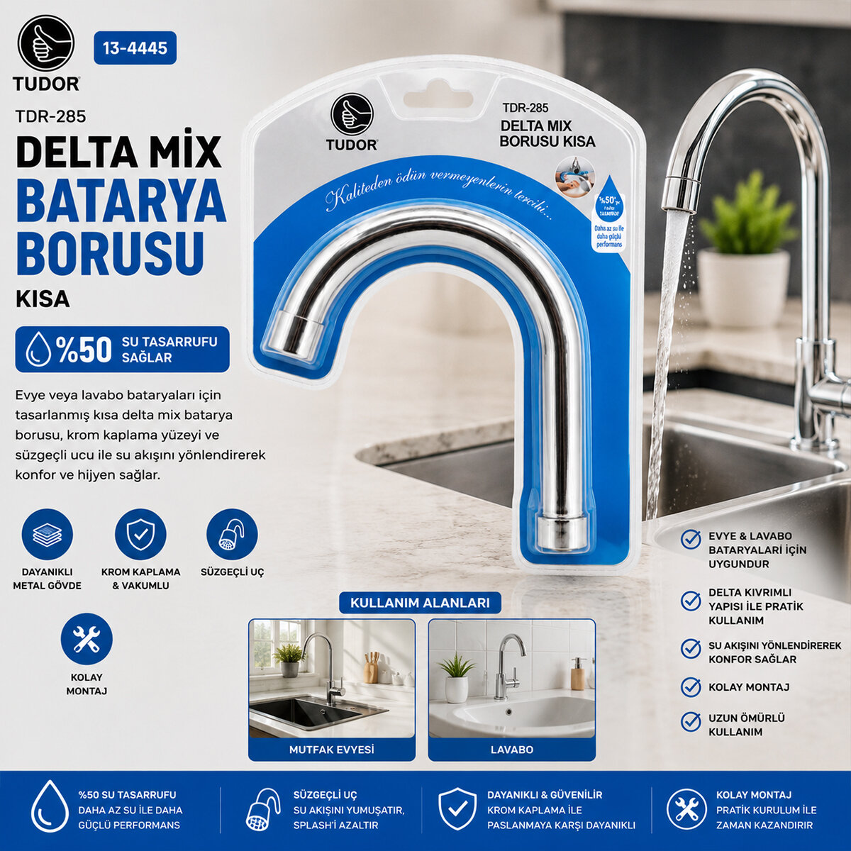 Kuğu Evye - Lavabo Kısa Delta Mix Batarya Borusu Krom Kaplama - Vakumlu - Süzgeçli Uç