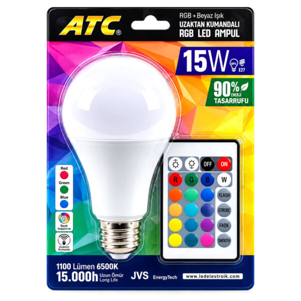 Kumandalı - RGB 15 W - 90 W - E27 LED Ampul 1100lm 15000 Saat Ömür