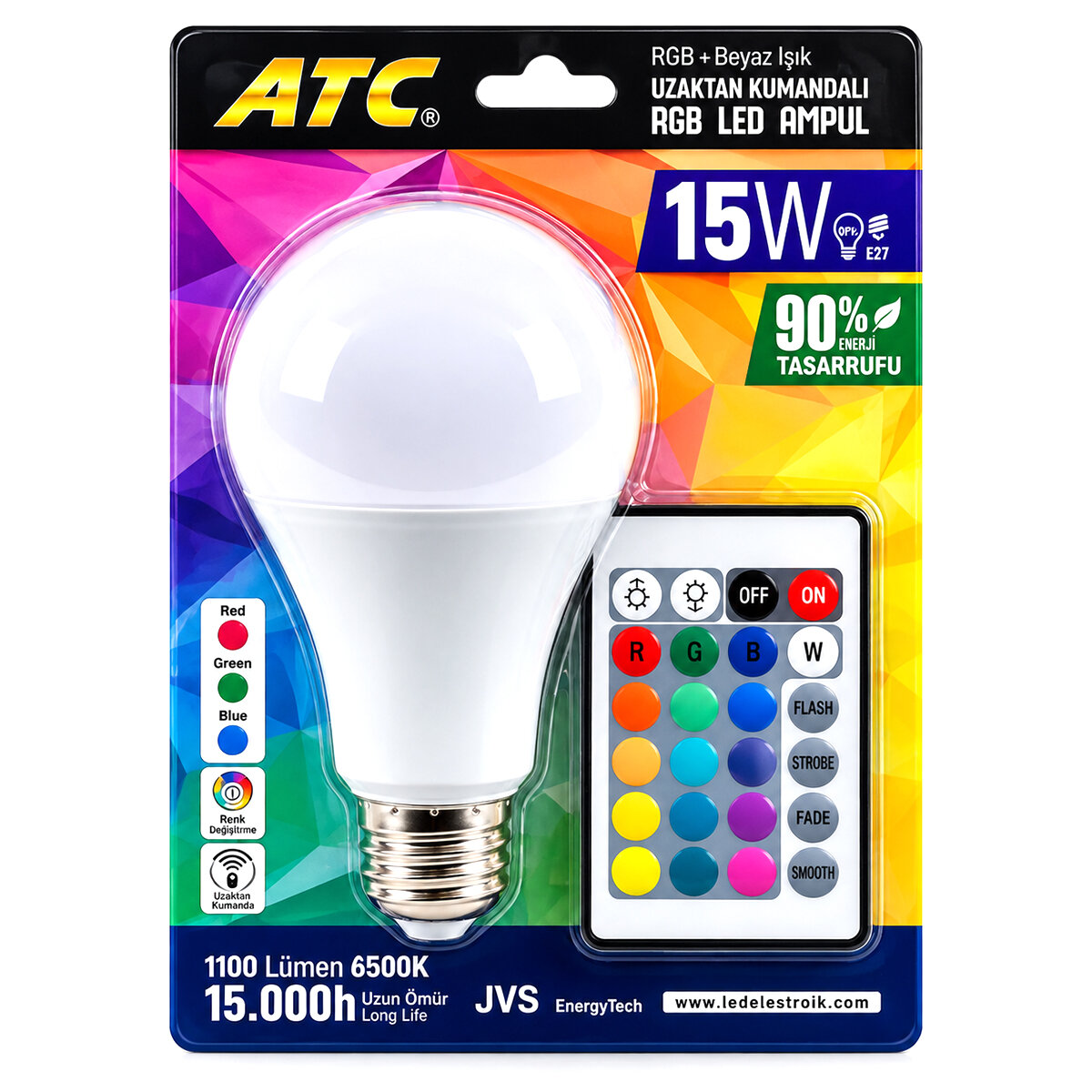 Kumandalı - RGB 15 W - 90 W - E27 LED Ampul 1100lm 15000 Saat Ömür