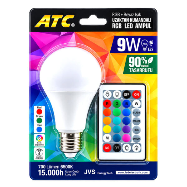 Kumandalı - RGB 9 W - 60 W - E27 LED Ampul 700lm 15000 Saat Ömür
