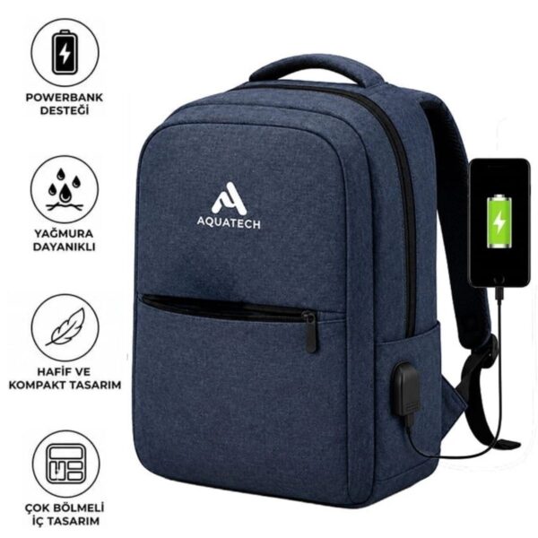 Lacivert Laptop Sırt Çantası, Bilgisayar Korumalı İç Bölmeli Notebook Çantası, Organizer Cepli ve USB Şarj Portlu
