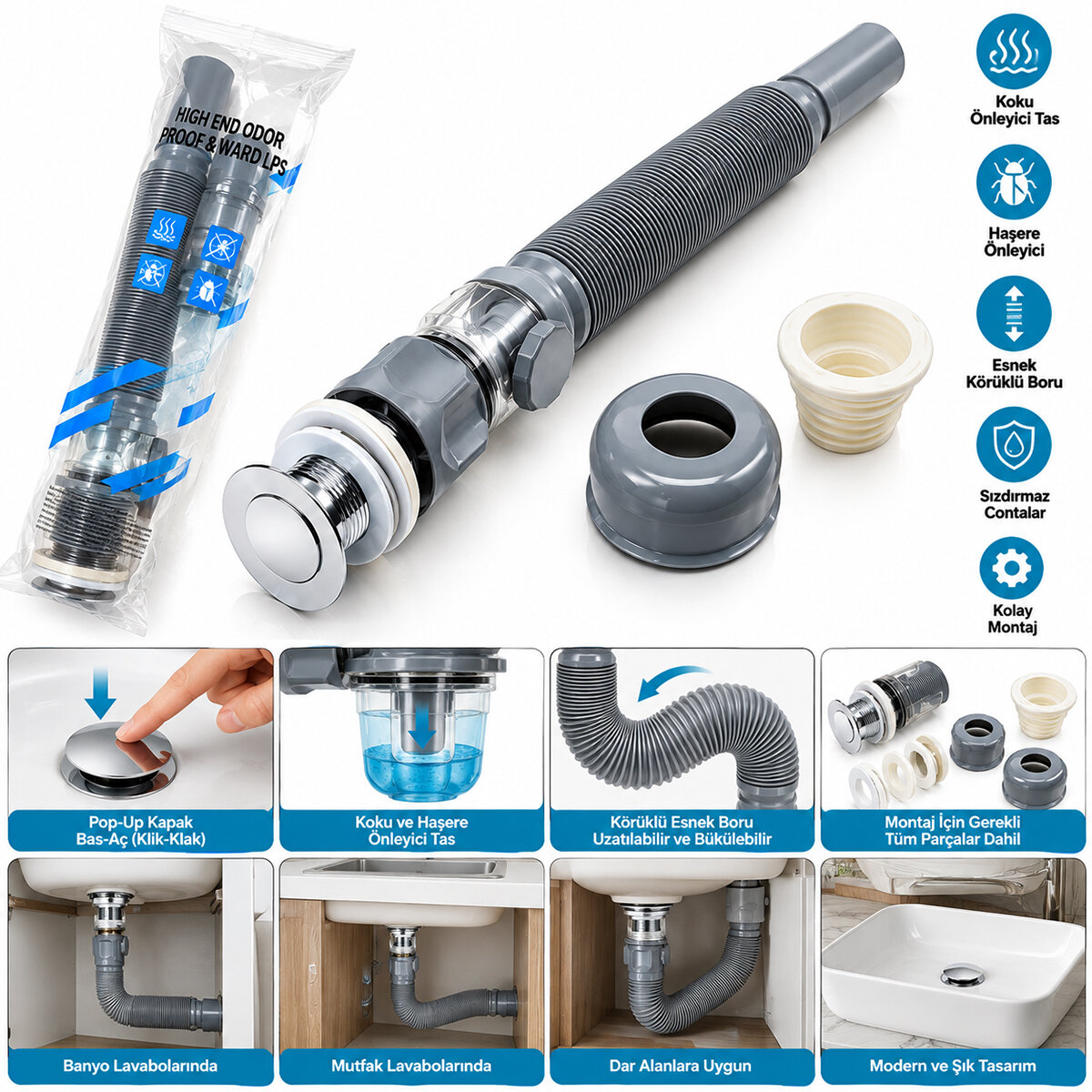Lavabo Atlı Koku Önleyici Körüklü Şeffaf Sifon