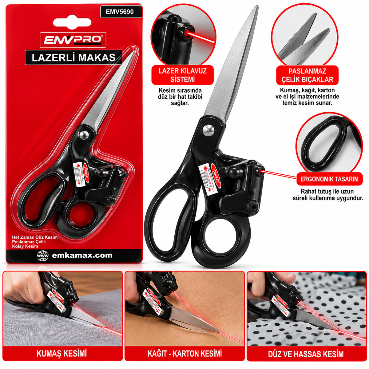 Lazerli Terzi Makas Pilli Kırmız Lazer Plastik Saplı Emv-5690